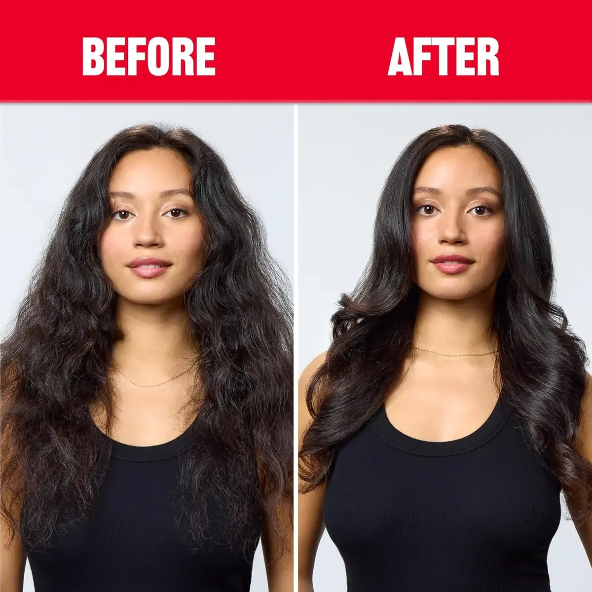 Before and after using the hair dryer brush on frizzy hair