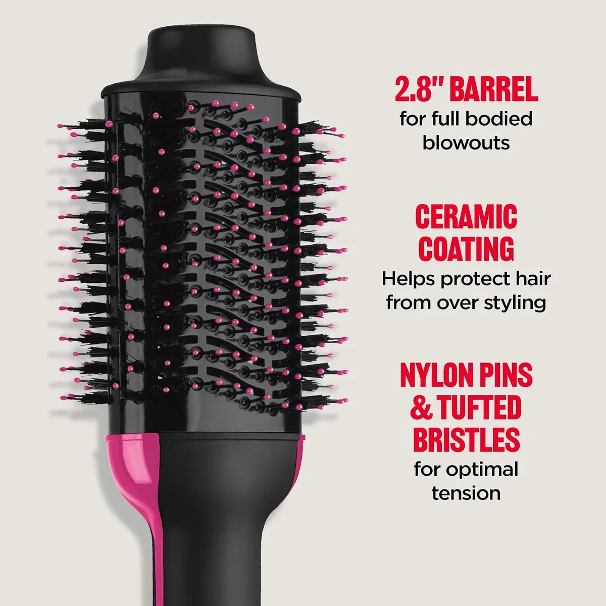 Close look at the oval barrel and bristles of the hair dryer brush