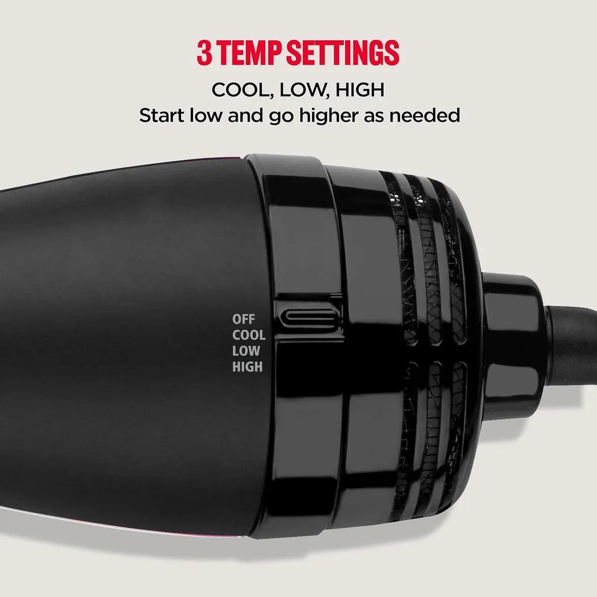 Three heat settings on the hair dryer brush control