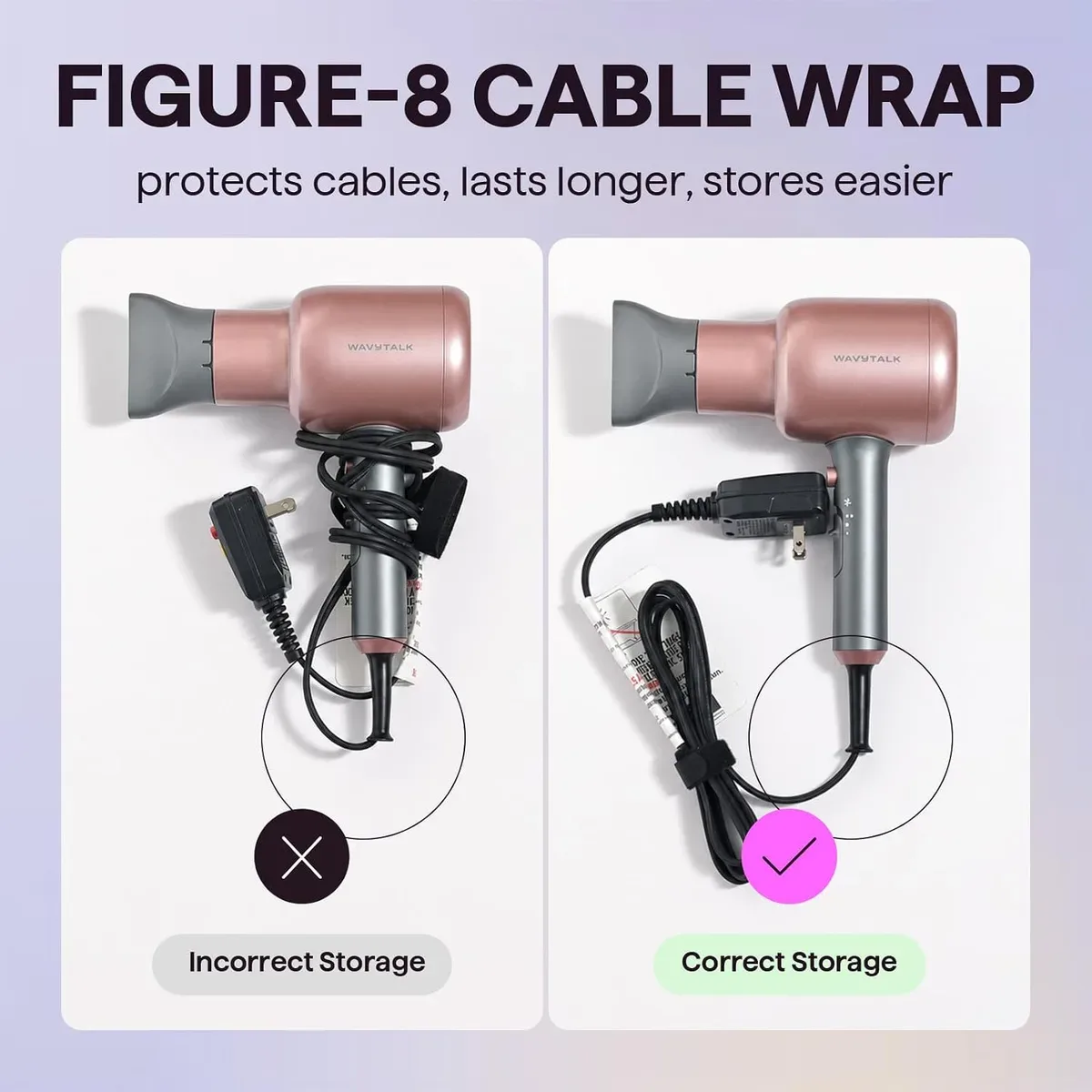 Figure-8 cord wrap for storing the ionic hair dryer with diffuser