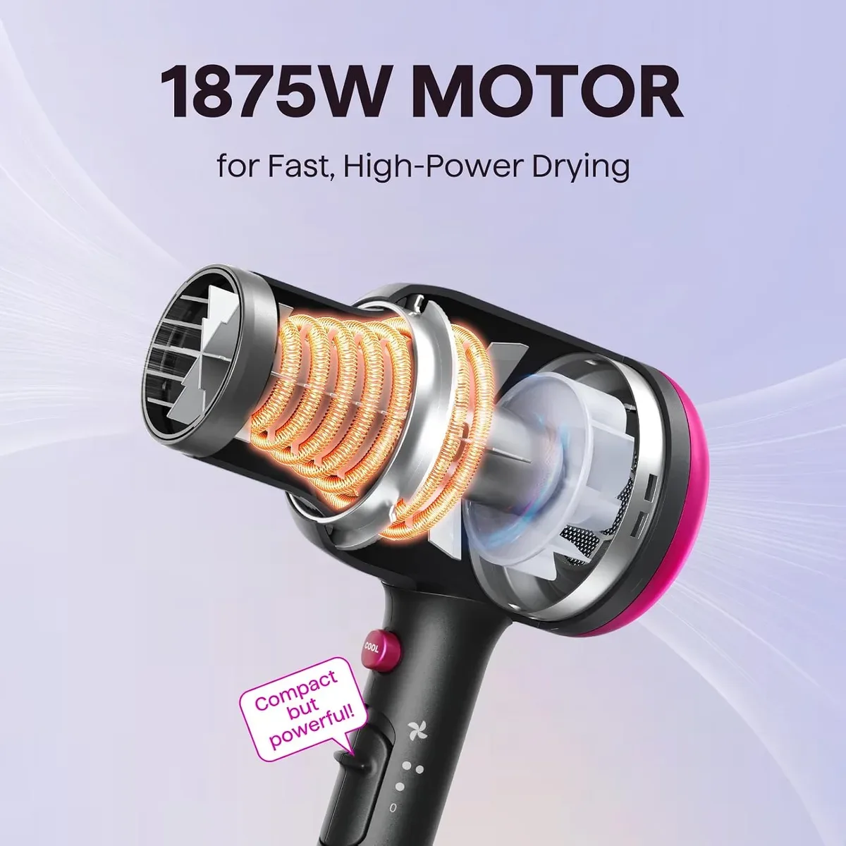 Cutaway of the 1875W motor in the ionic hair dryer with diffuser