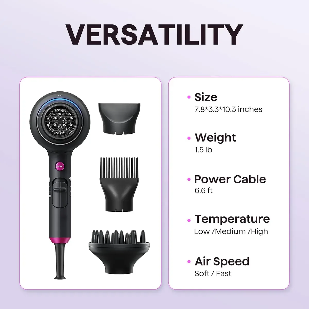 Size, weight, cord length and settings of the ionic hair dryer with diffuser
