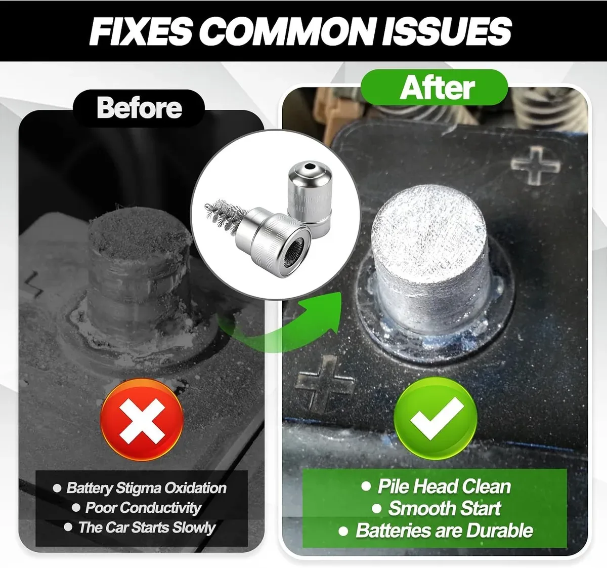 Battery post before and after using the battery terminal cleaner