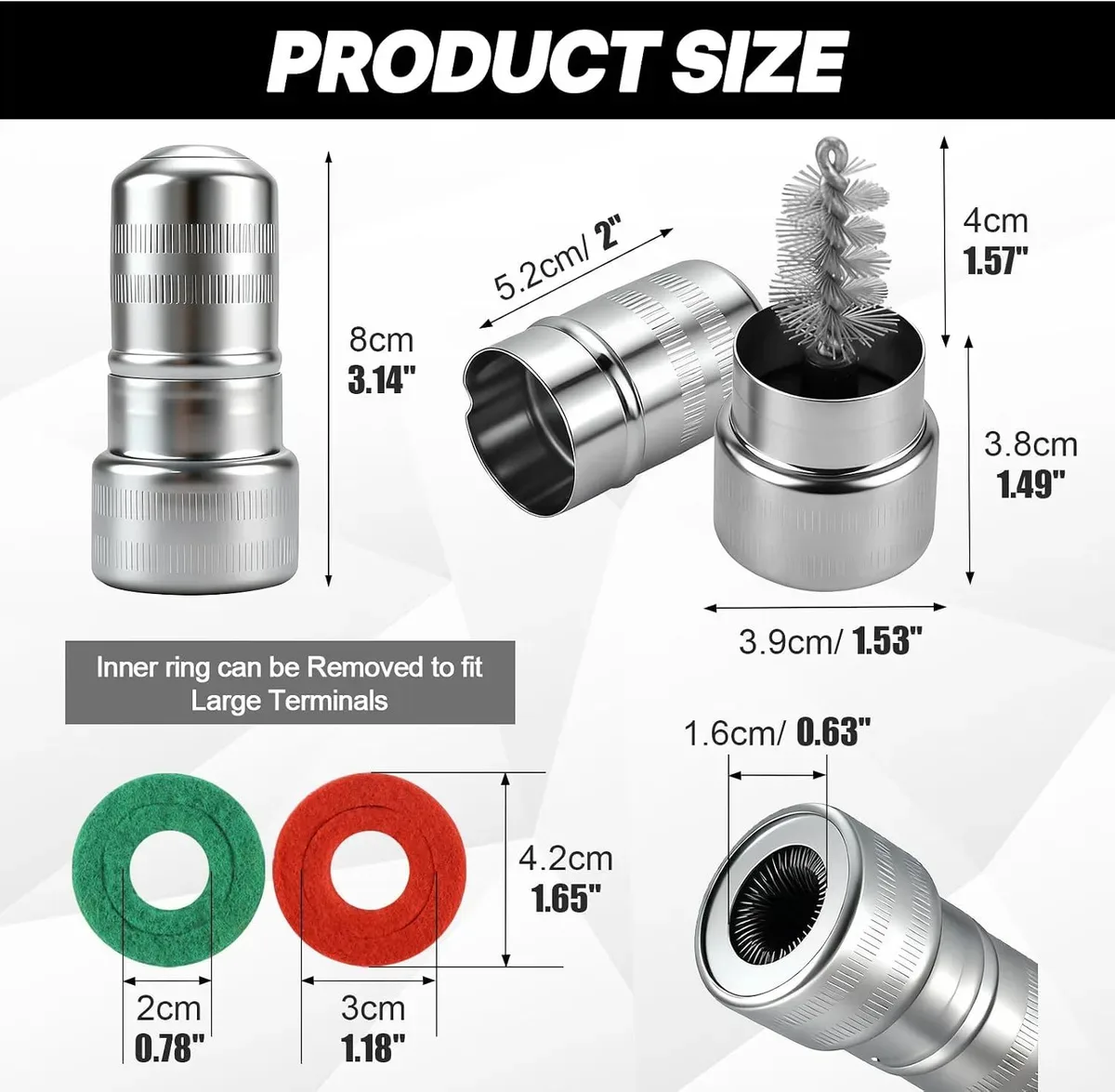 Battery terminal cleaner brush and washer sizes
