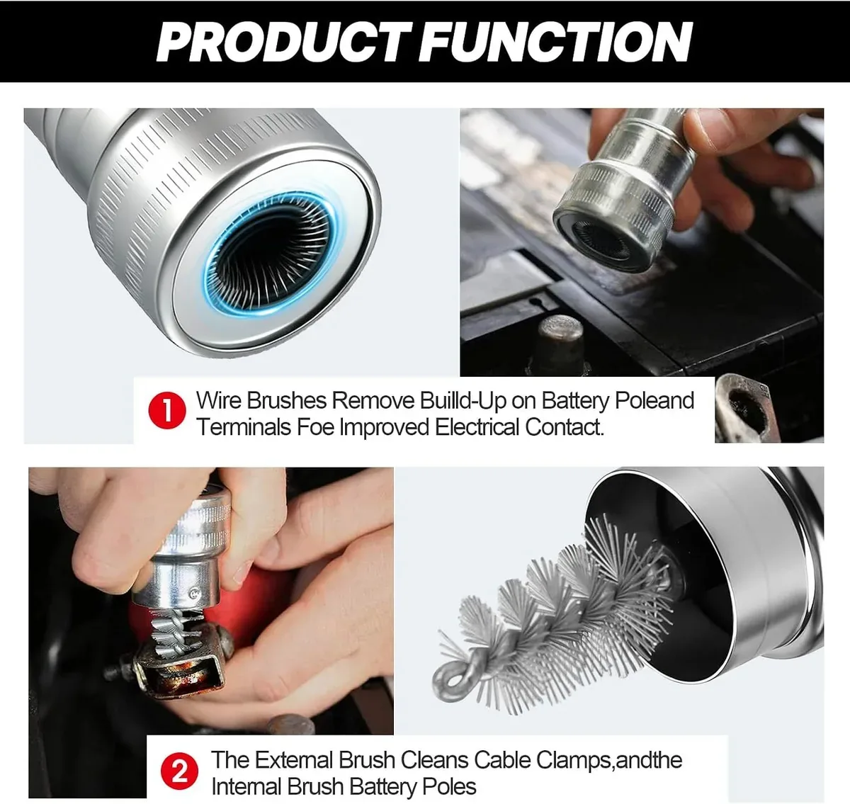 Outer and inner wire brushes of the battery terminal cleaner