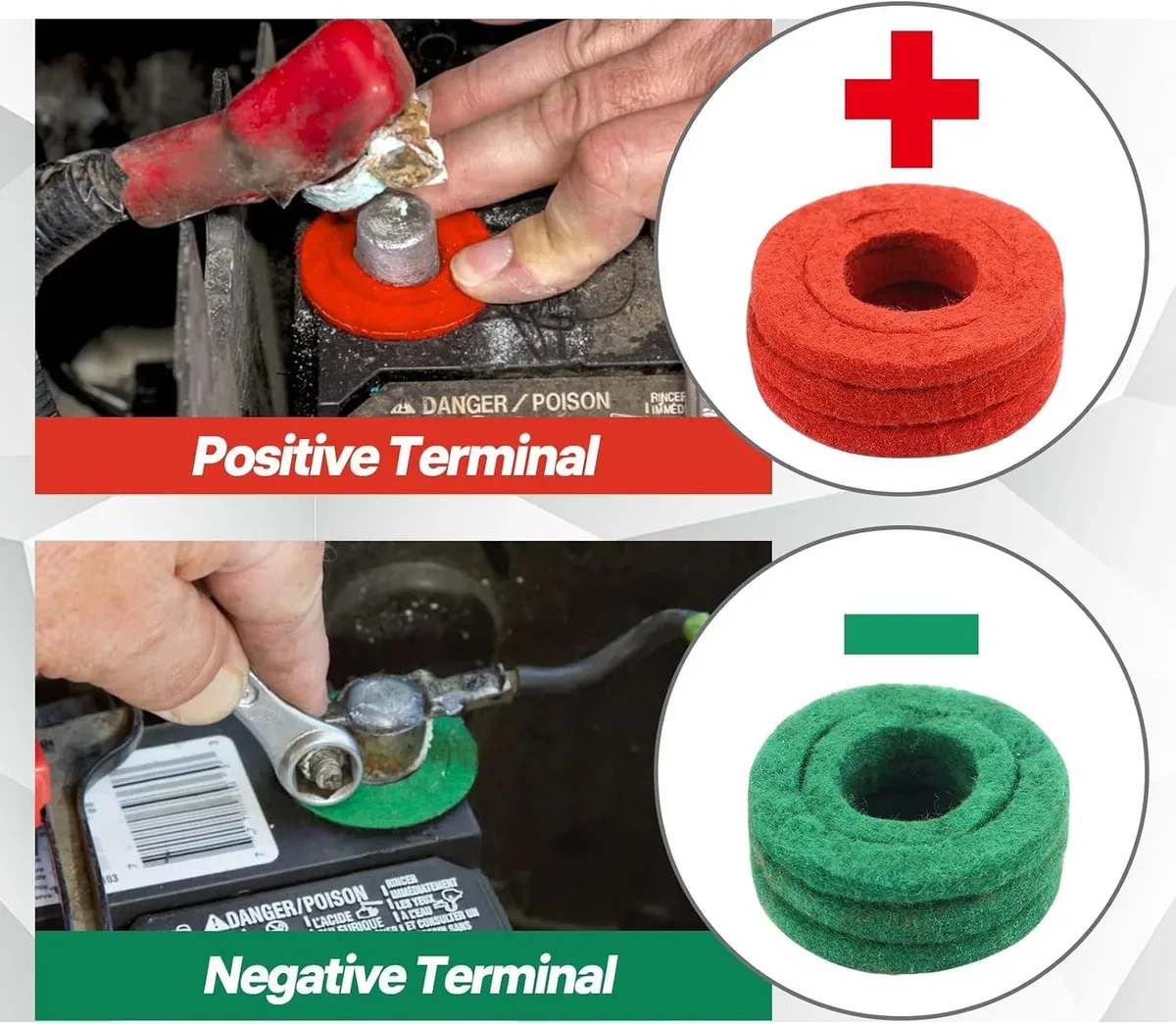 Red and green washers from the battery terminal cleaner kit on posts