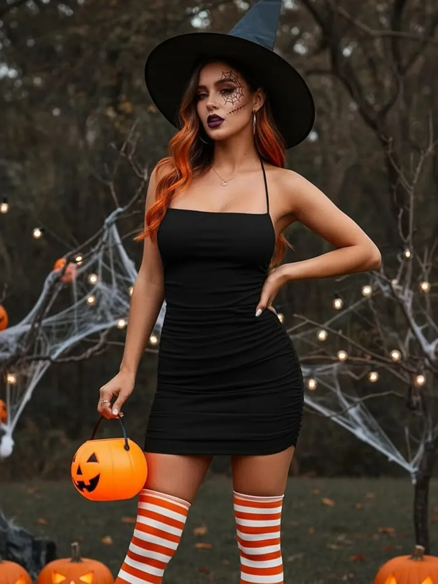 Halter bodycon mini dress styled for a Halloween party