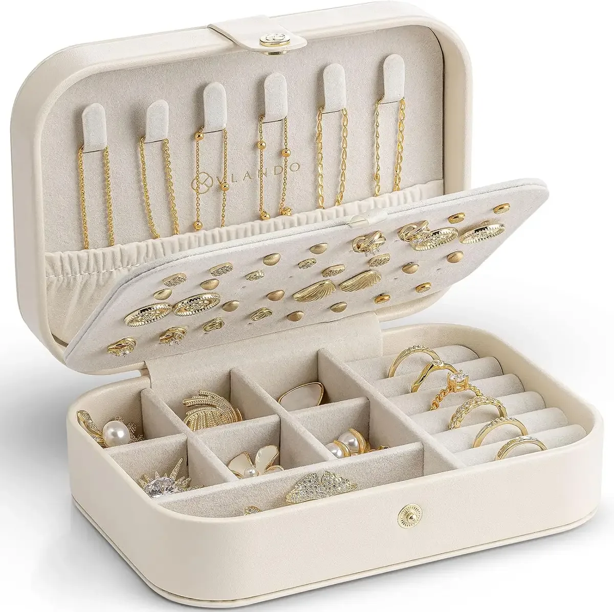 Two-layer travel jewelry case holding rings and earrings