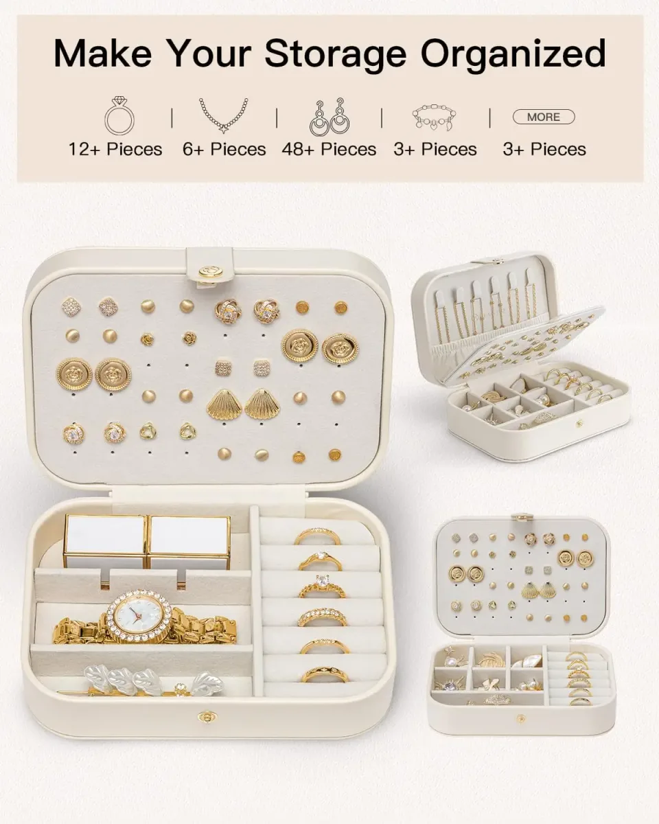 Rings, earrings and necklaces packed in the travel jewelry case