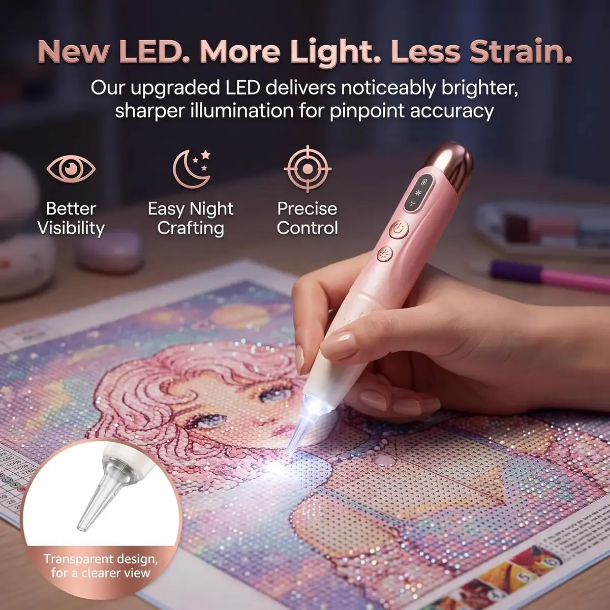 Bright LED of the electric diamond painting pen lighting a symbol