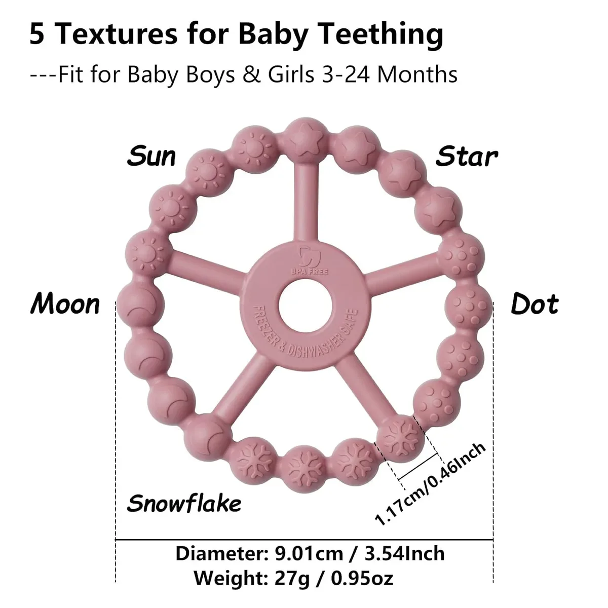Five textures on each silicone ring teether: sun, star, moon, snowflake, dots