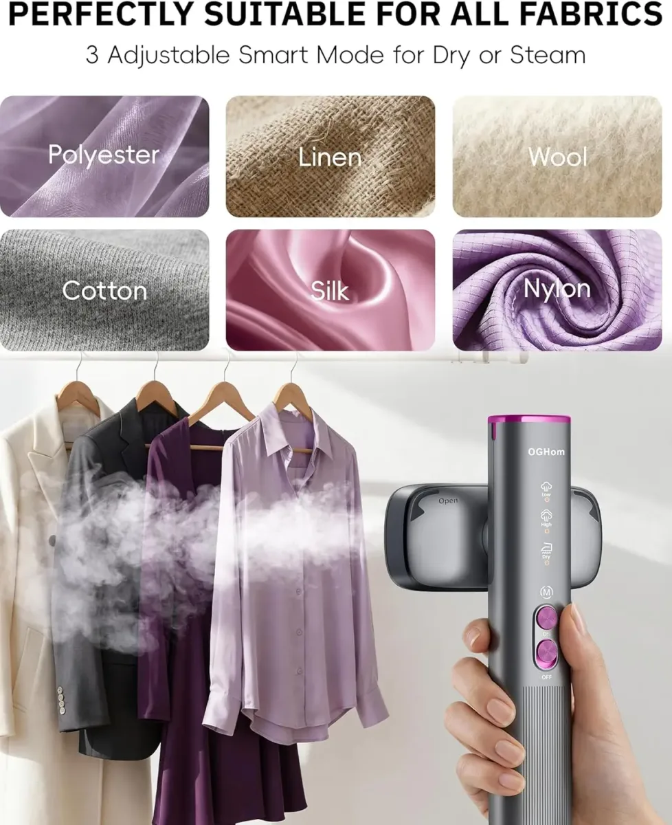 Travel steamer for clothes on hanging garments of different fabrics