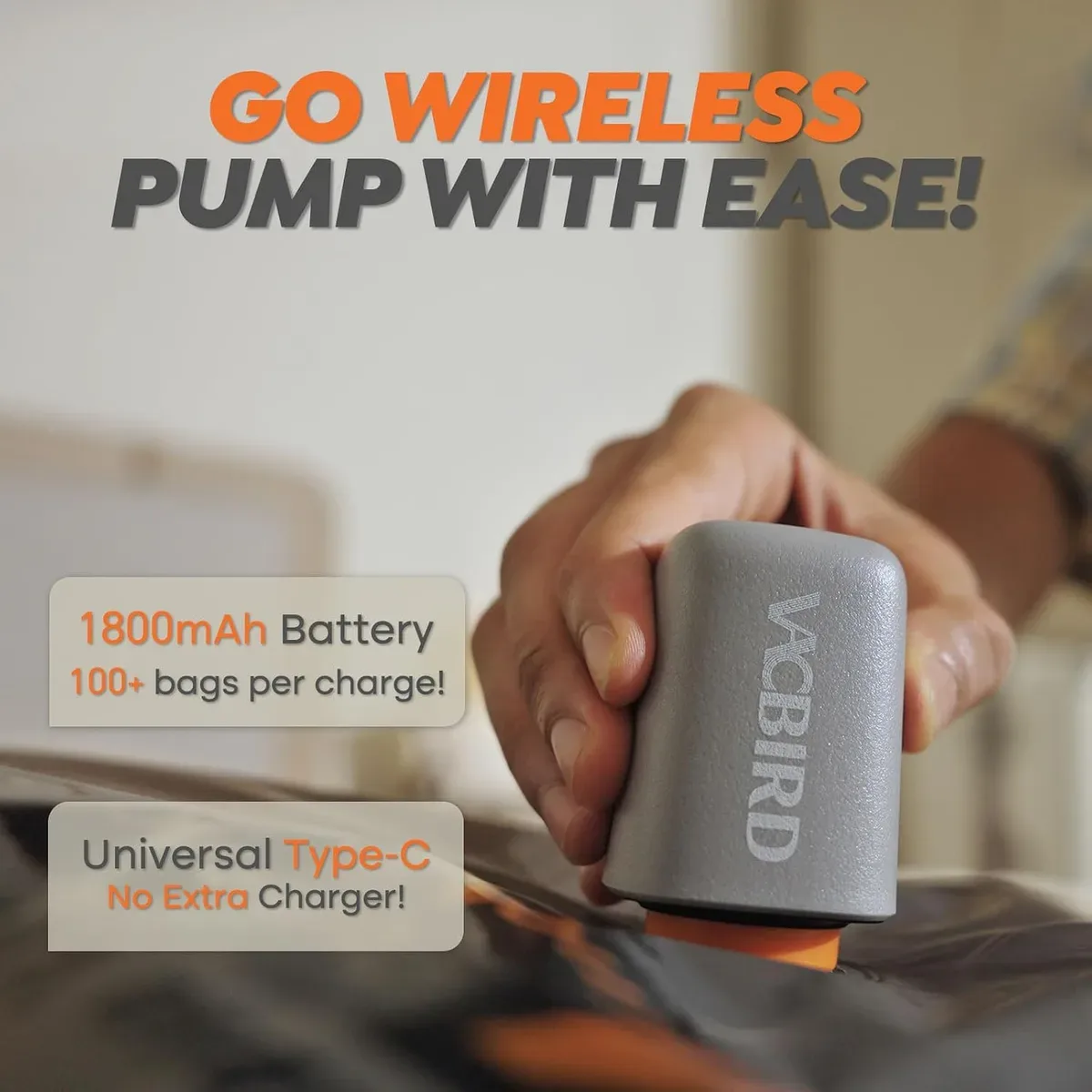 Cordless rechargeable pump that comes with the vacuum bags with electric pump