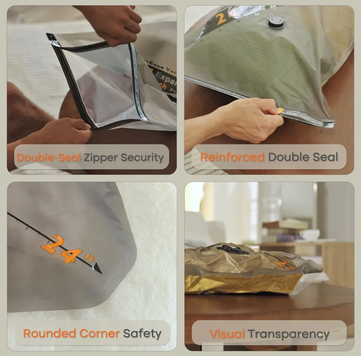 Double-seal zipper and clear window on vacuum bags with electric pump
