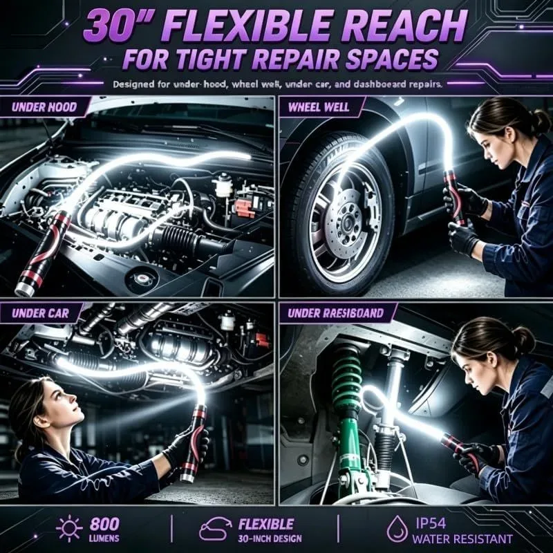 Flexible LED flashlight lighting a wheel well and under the hood
