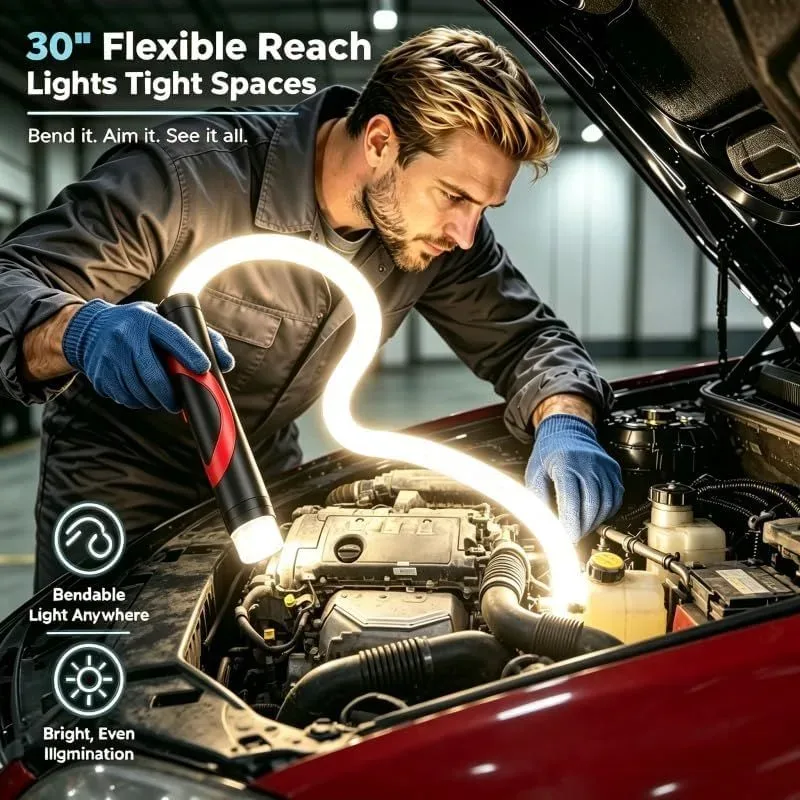 Flexible LED flashlight bent into a tight engine space
