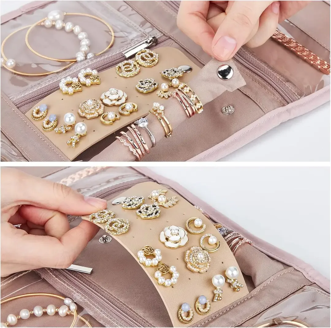 Earrings paired on the panels of the jewelry roll organizer