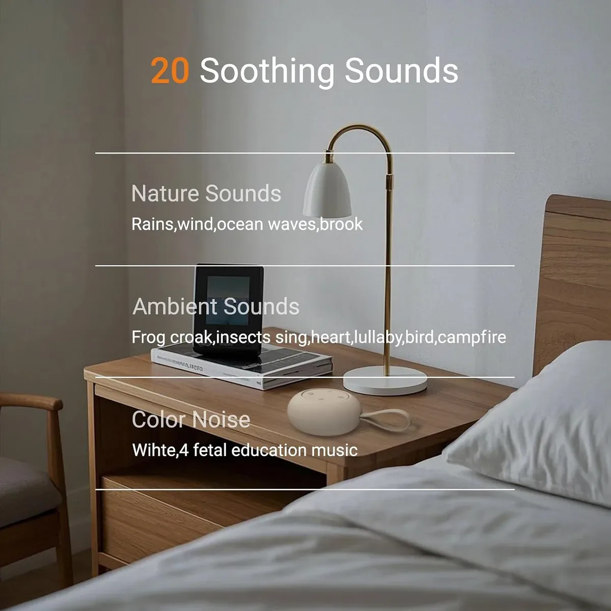 The 20 soothing sounds available on the portable baby sound machine