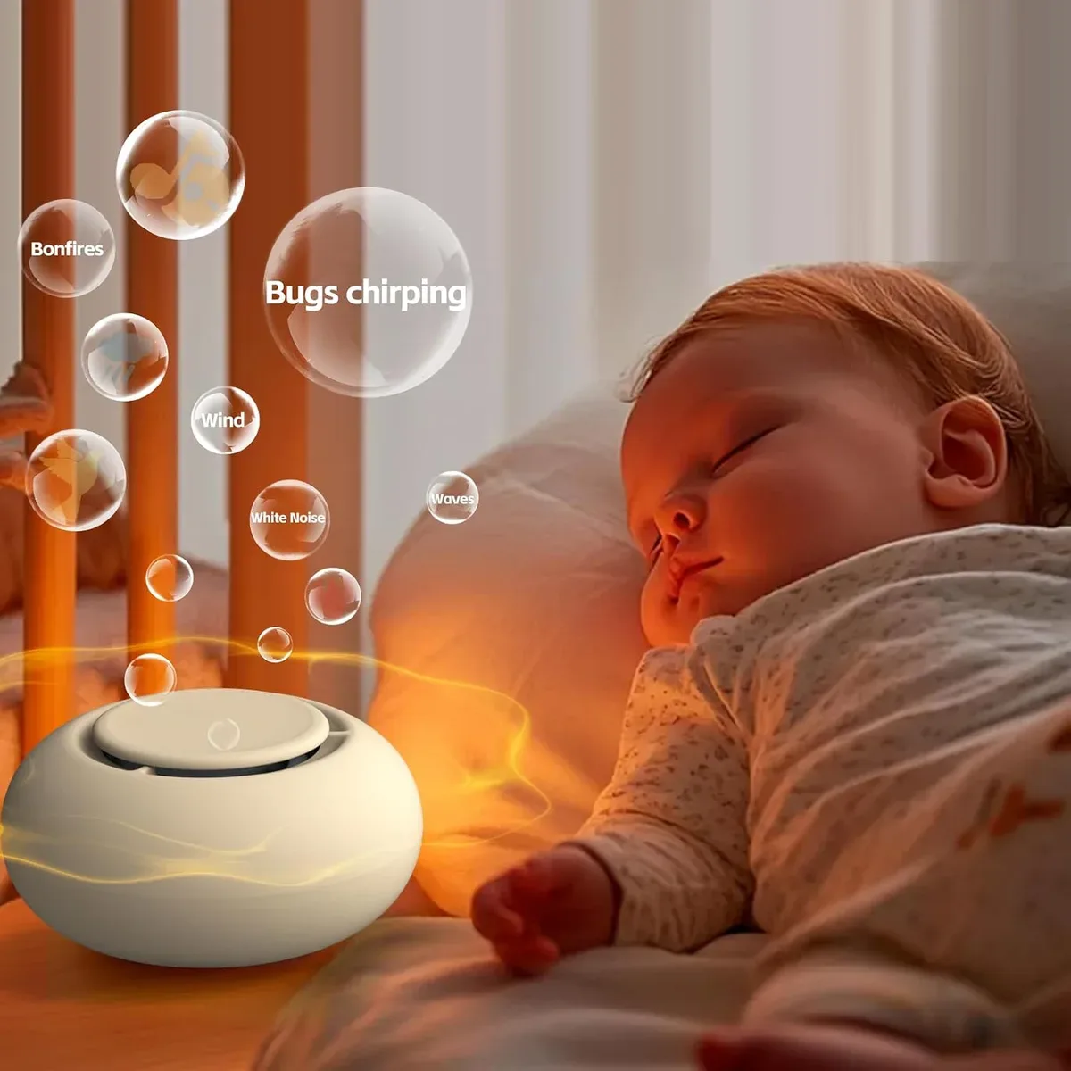 Baby sleeping peacefully next to the portable baby sound machine