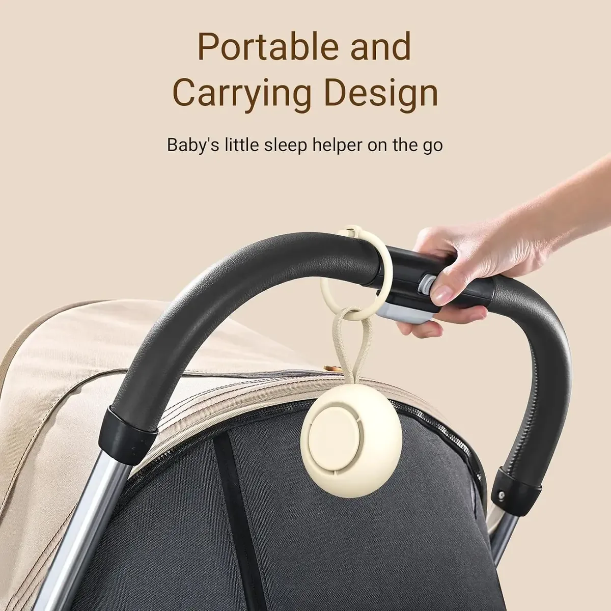 Portable baby sound machine strapped to a stroller handle