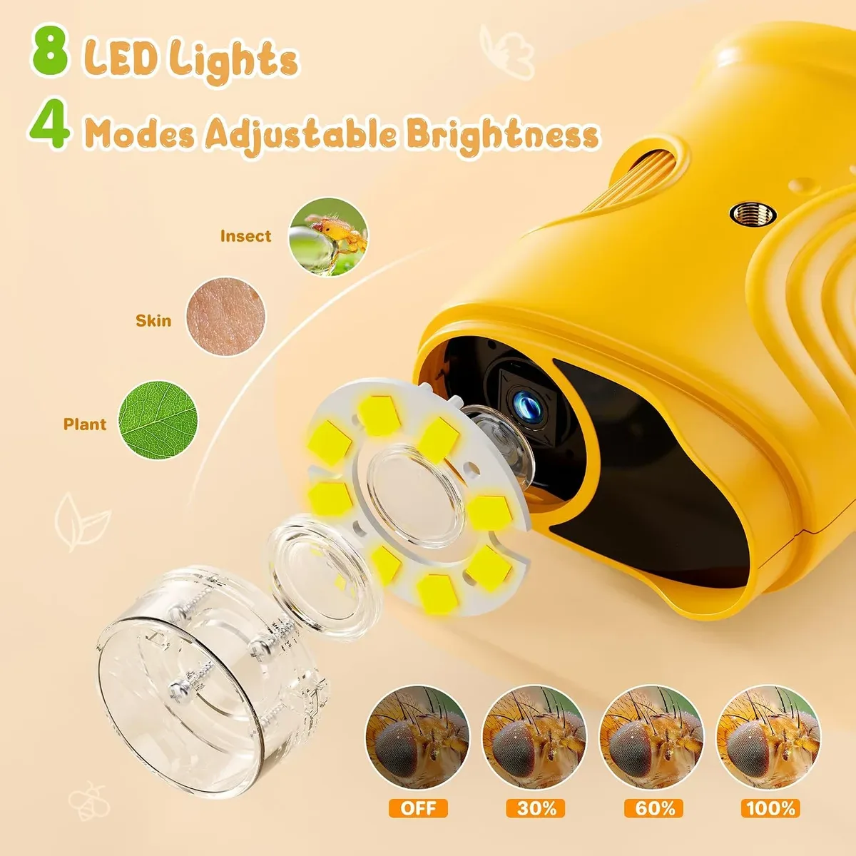 Eight adjustable LED lights on the digital microscope for kids
