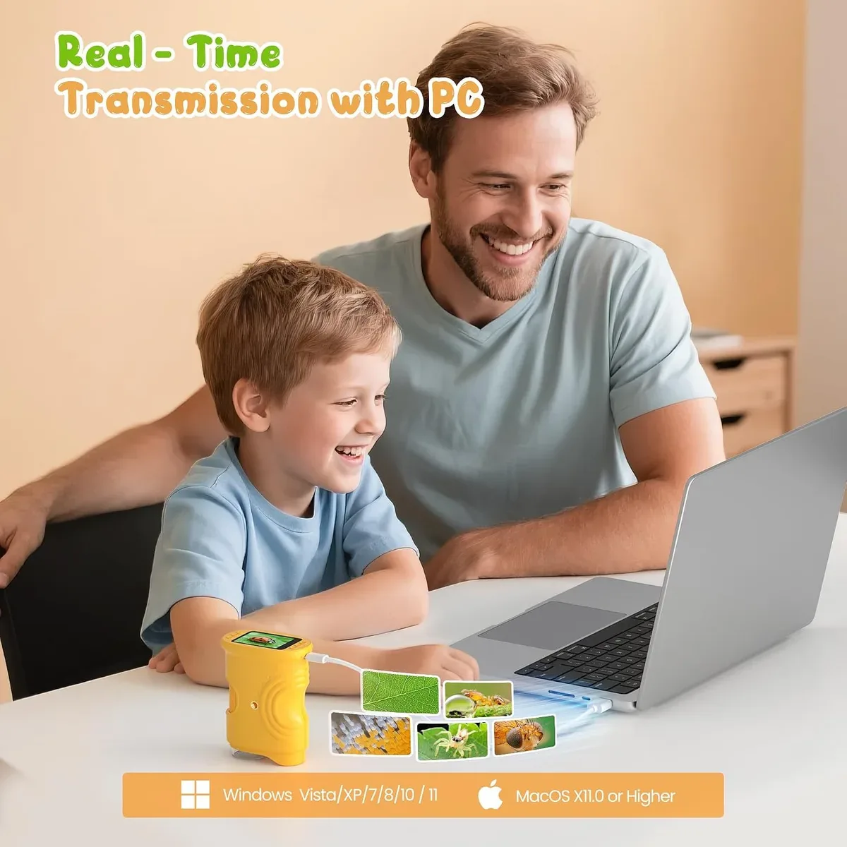 Father and son using the digital microscope for kids with a computer