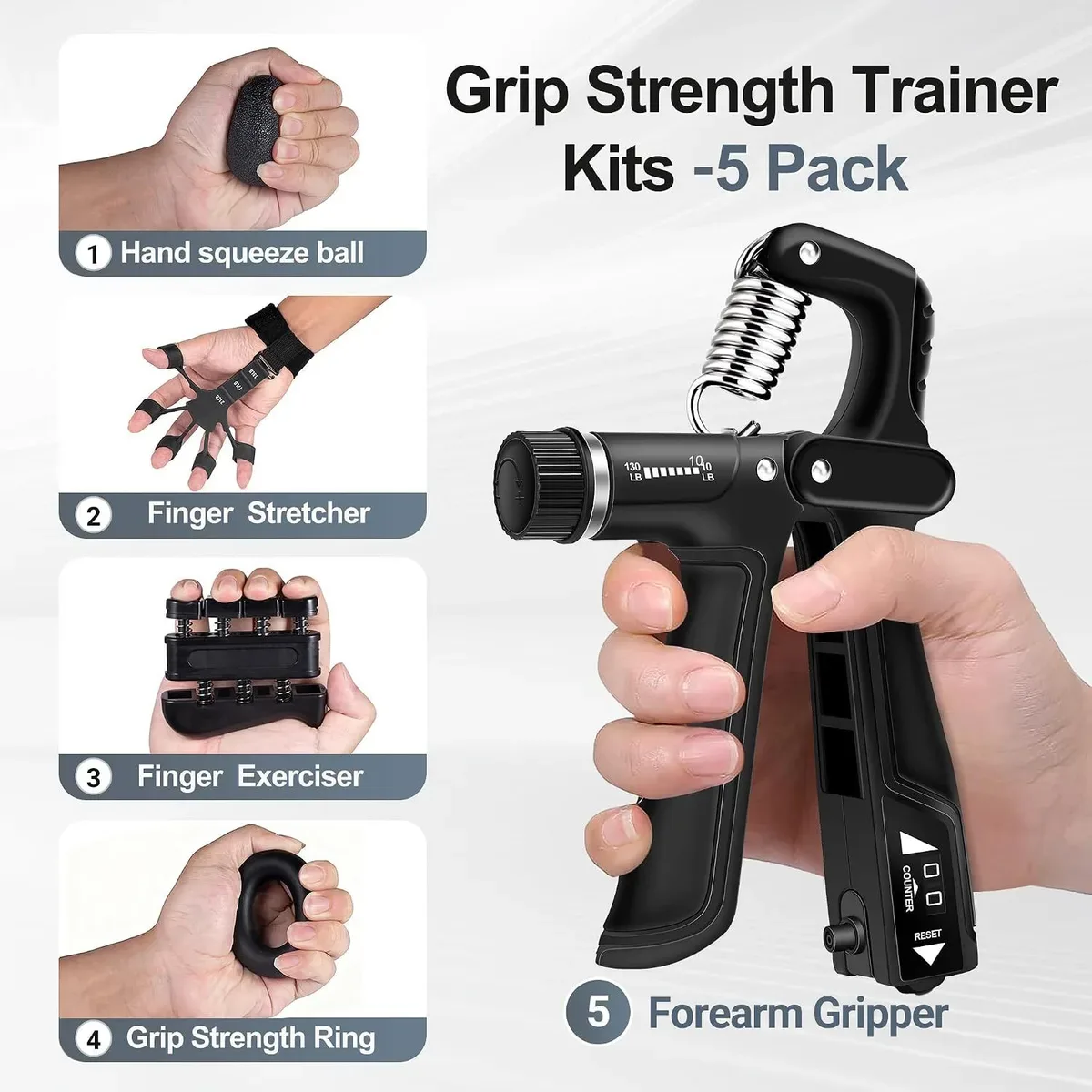 The five tools that make up the grip strength trainer kit