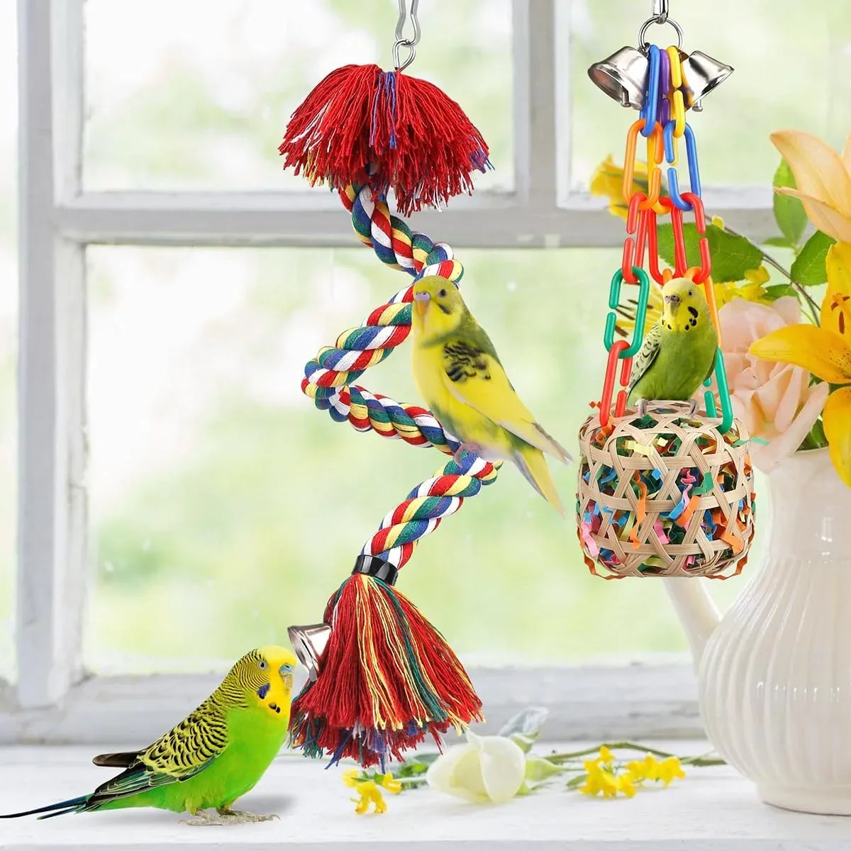 Cockatiel climbing the cotton rope perch from the bird toys for parrots