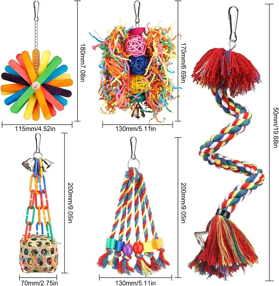 Size of each toy in the bird toys for parrots set