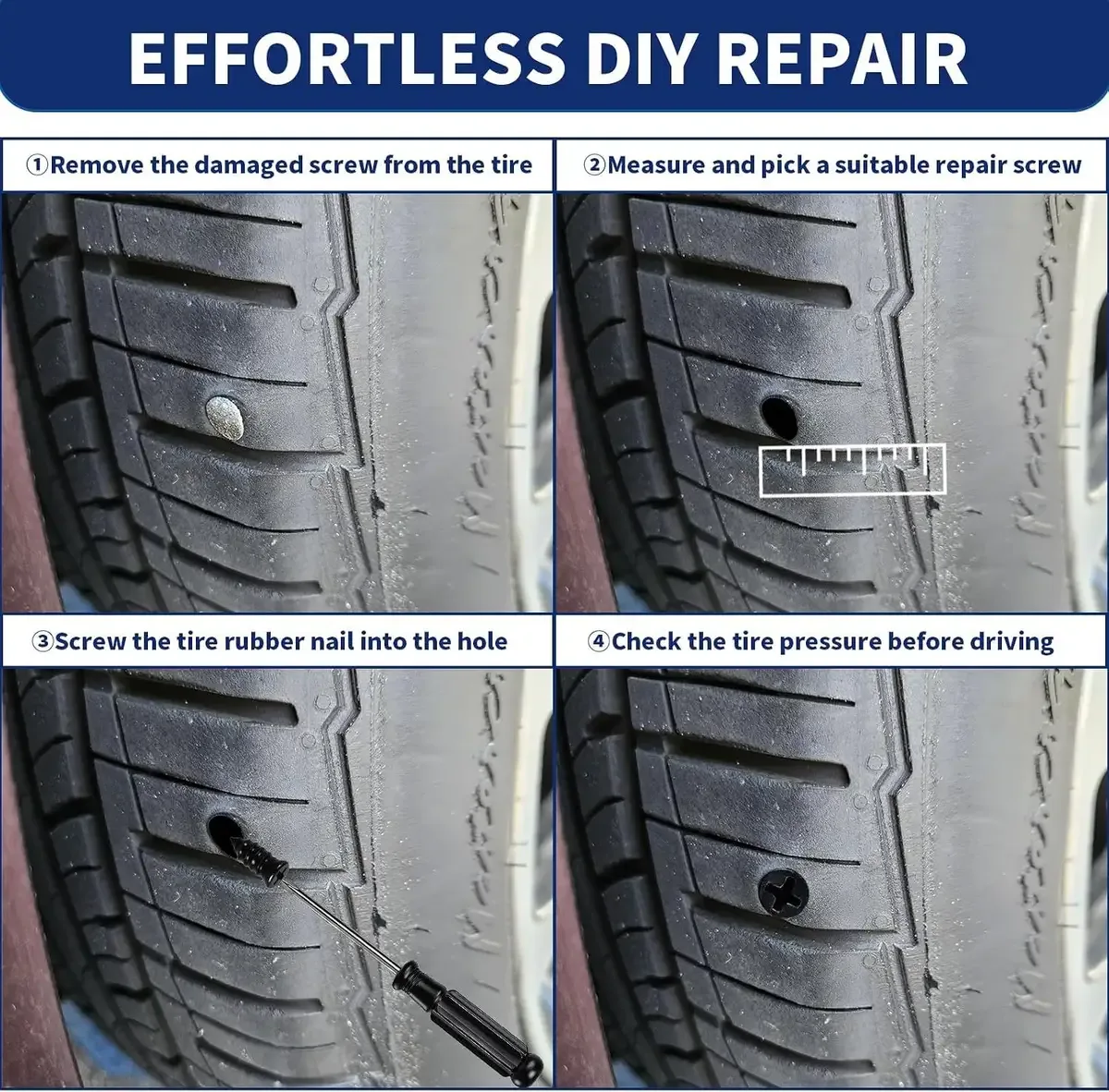 Four steps to repair a puncture with the tire plug kit