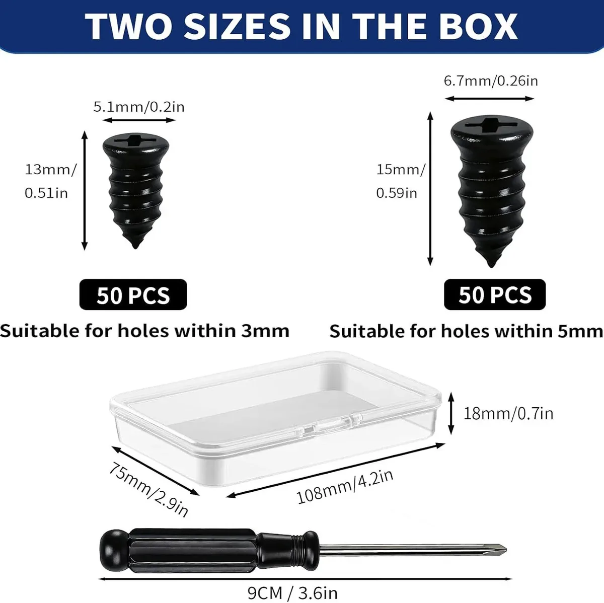 Large and small screws in the tire plug kit for different holes