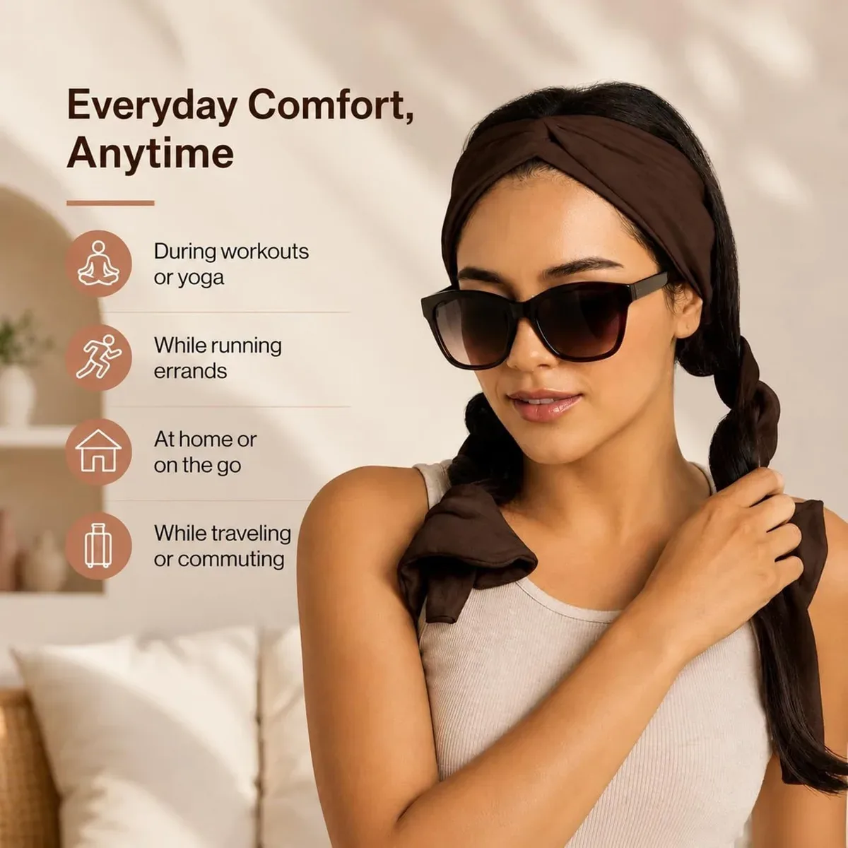 Comfortable heatless curling headband worn at home