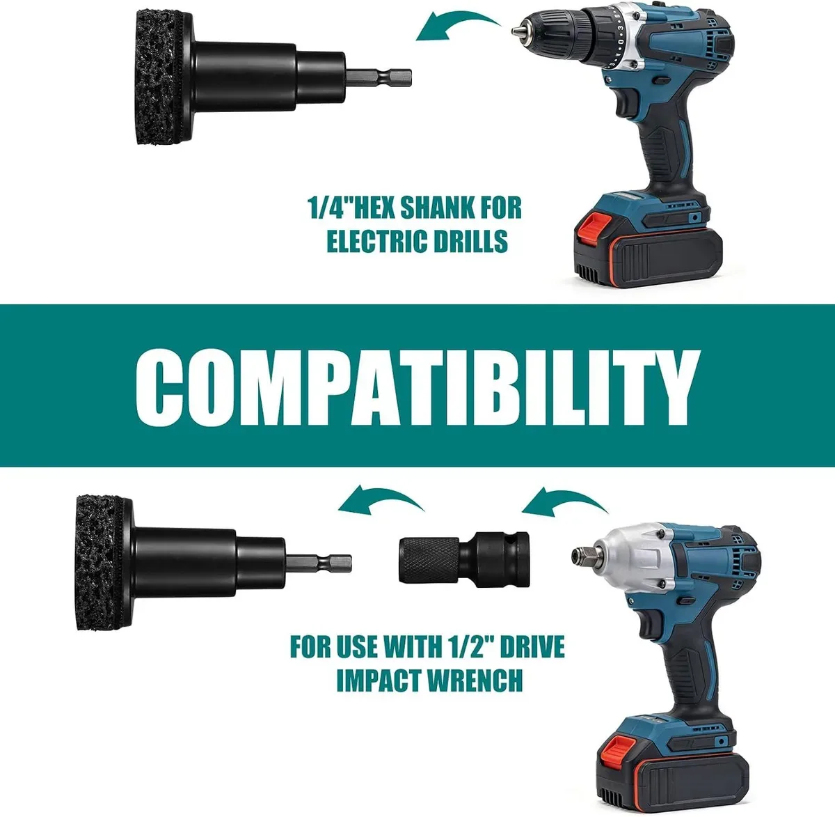 Wheel hub cleaning tool fitted to a drill and a 1/2 inch impact wrench