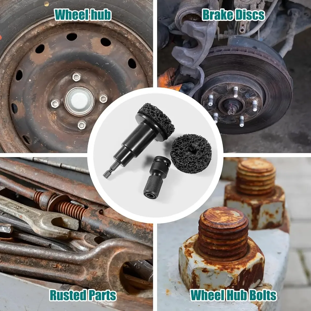 Wheel hub cleaning tool cleaning hubs, brake discs and bolts