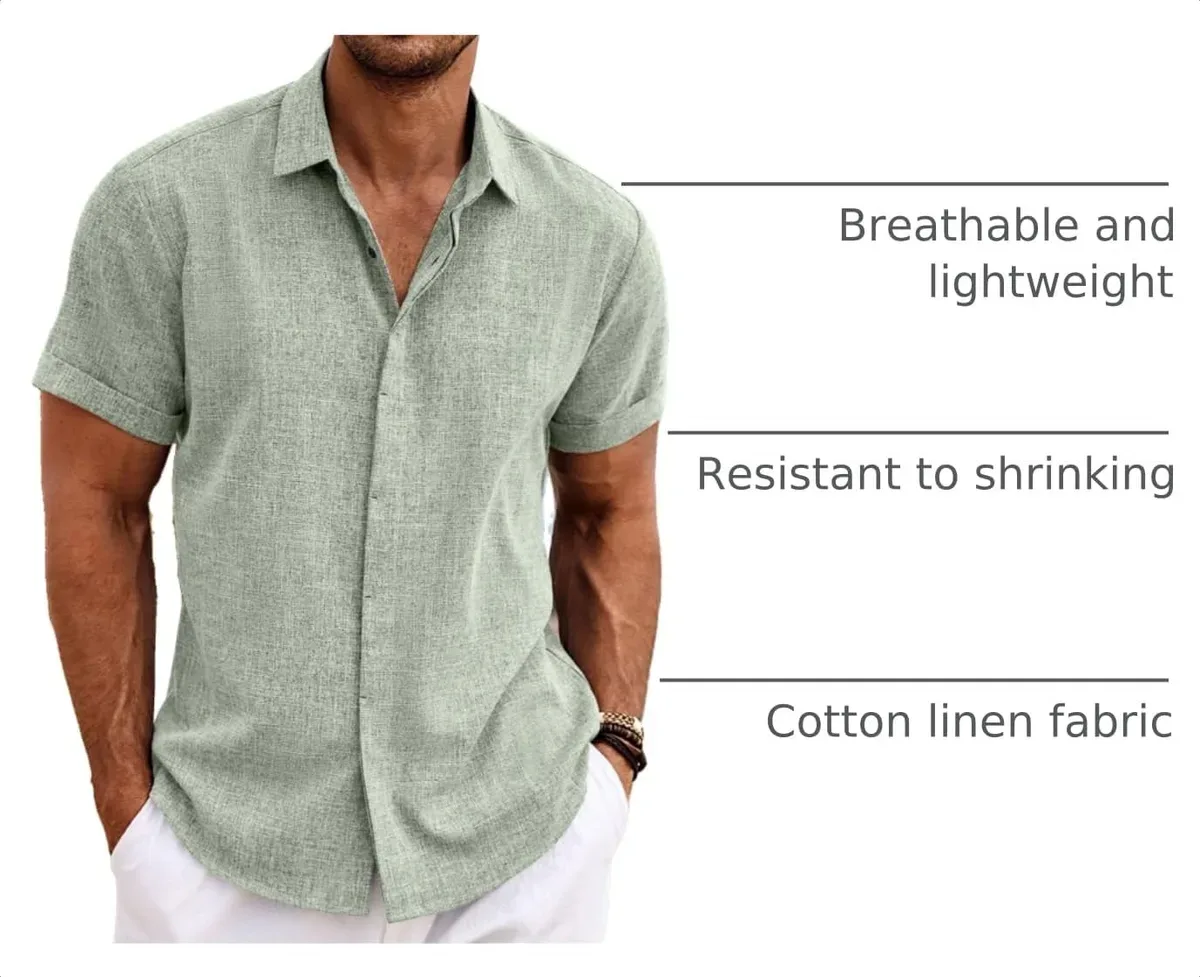 Breathable fabric of the short sleeve linen shirt up close