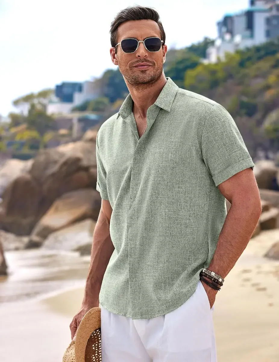 Man on vacation in a short sleeve linen shirt