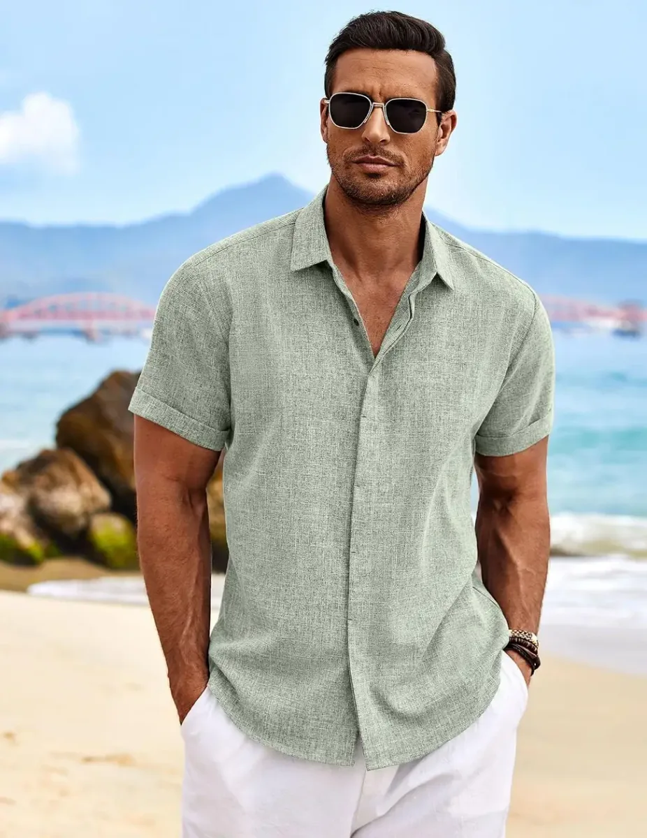 Short sleeve linen shirt worn with shorts by the sea