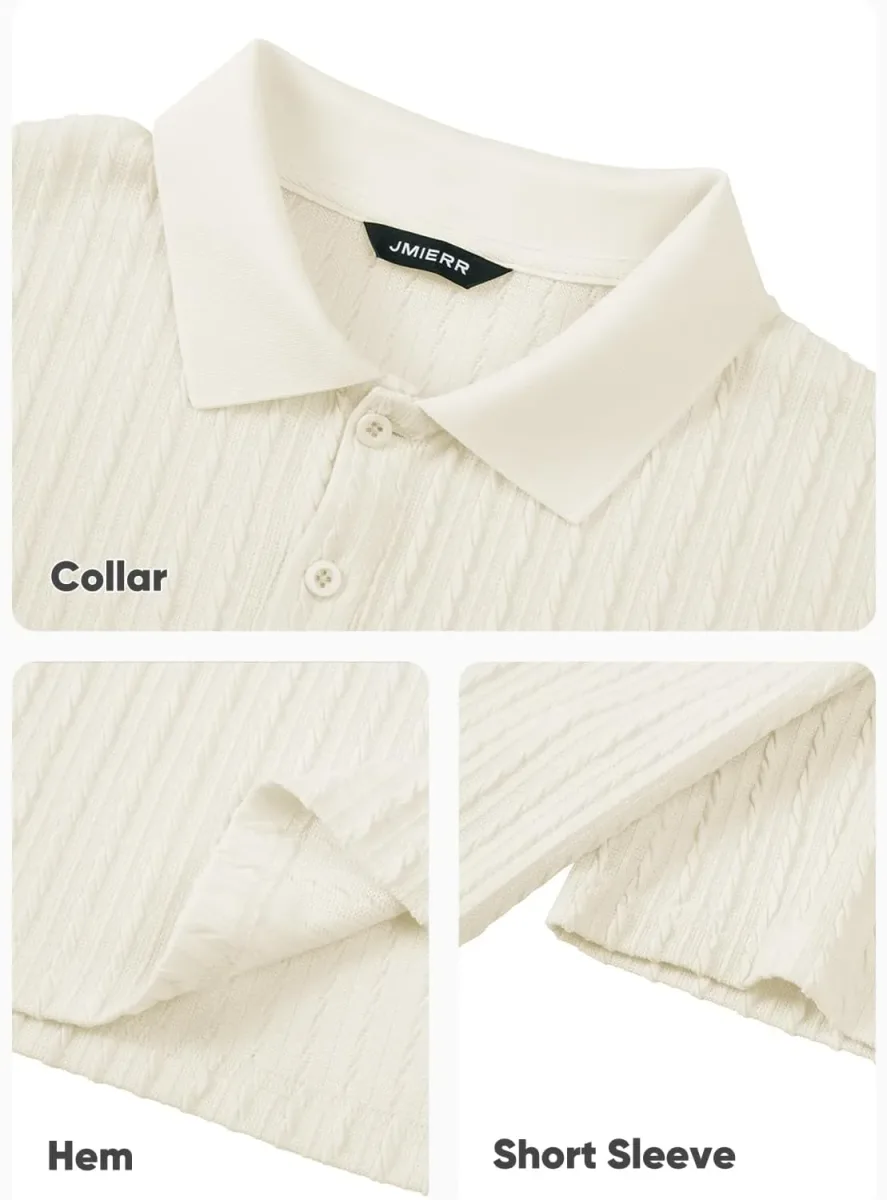 Collar and sleeve detail of the textured knit polo shirt