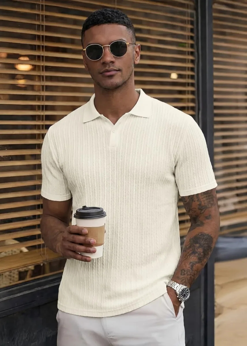 Close-up of the ribbed weave on the textured knit polo shirt