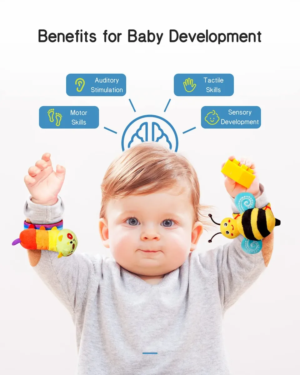 Development benefits of baby wrist rattles and foot finders