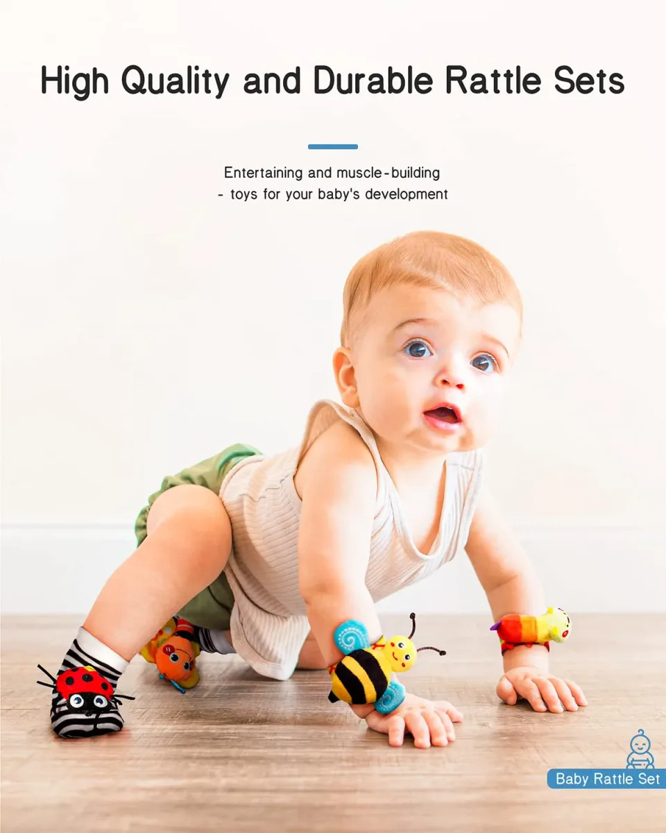 Baby kicking in foot finder socks from the baby wrist rattles set