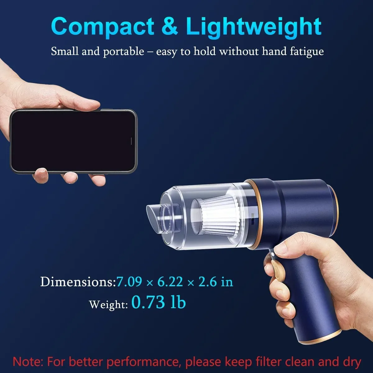Compact, lightweight handheld car vacuum held in one hand