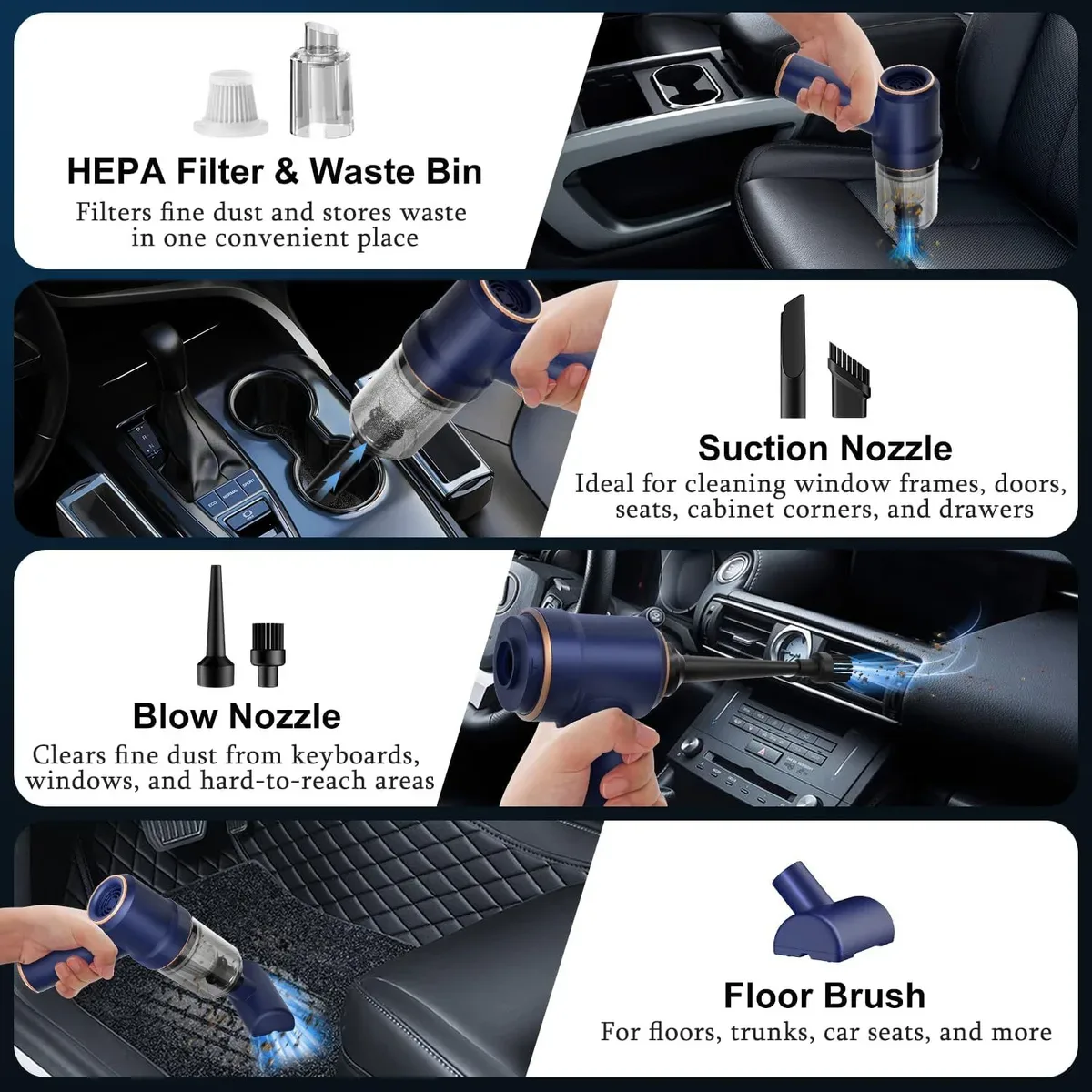 Washable HEPA filter and nozzles of the handheld car vacuum