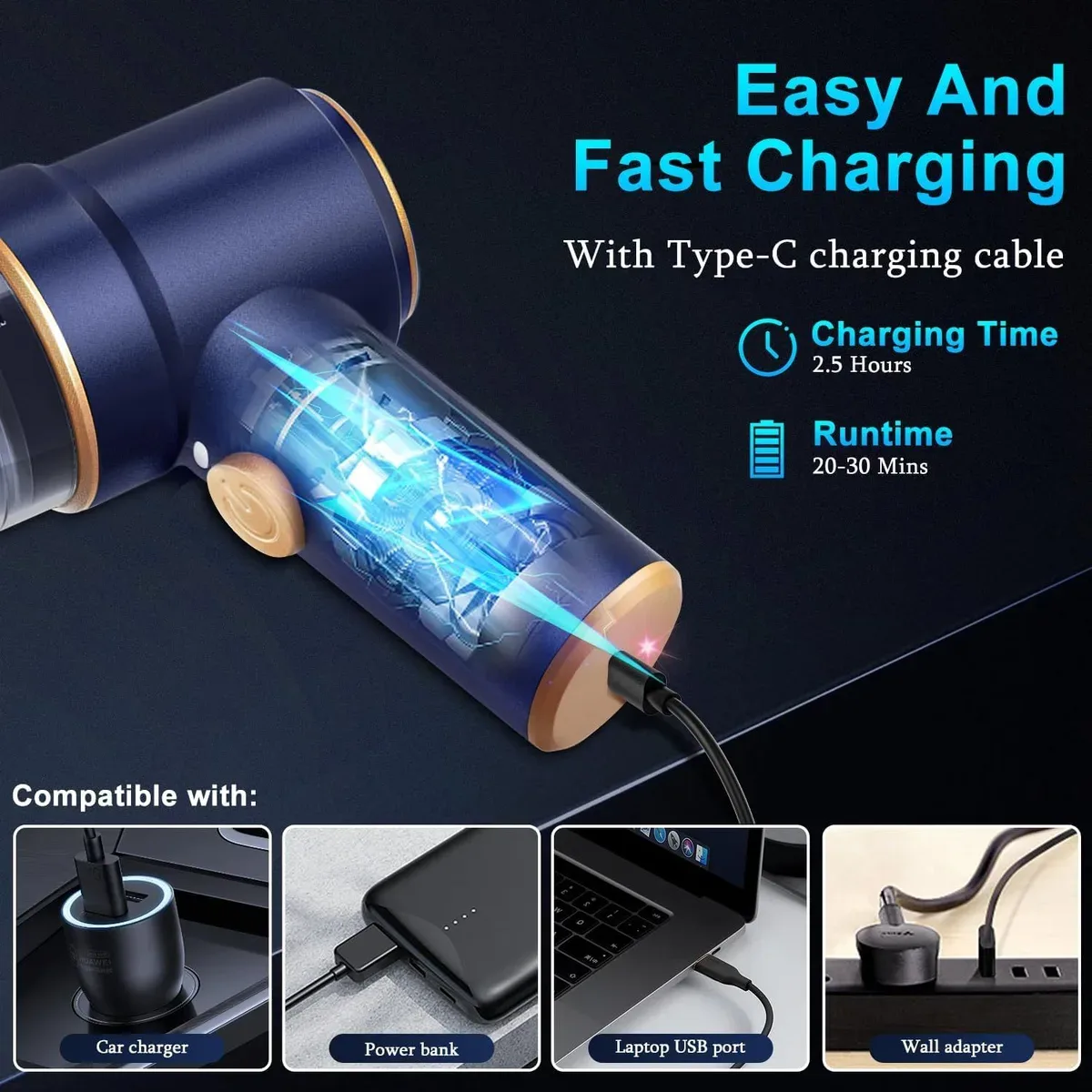 Handheld car vacuum charging through its USB-C port