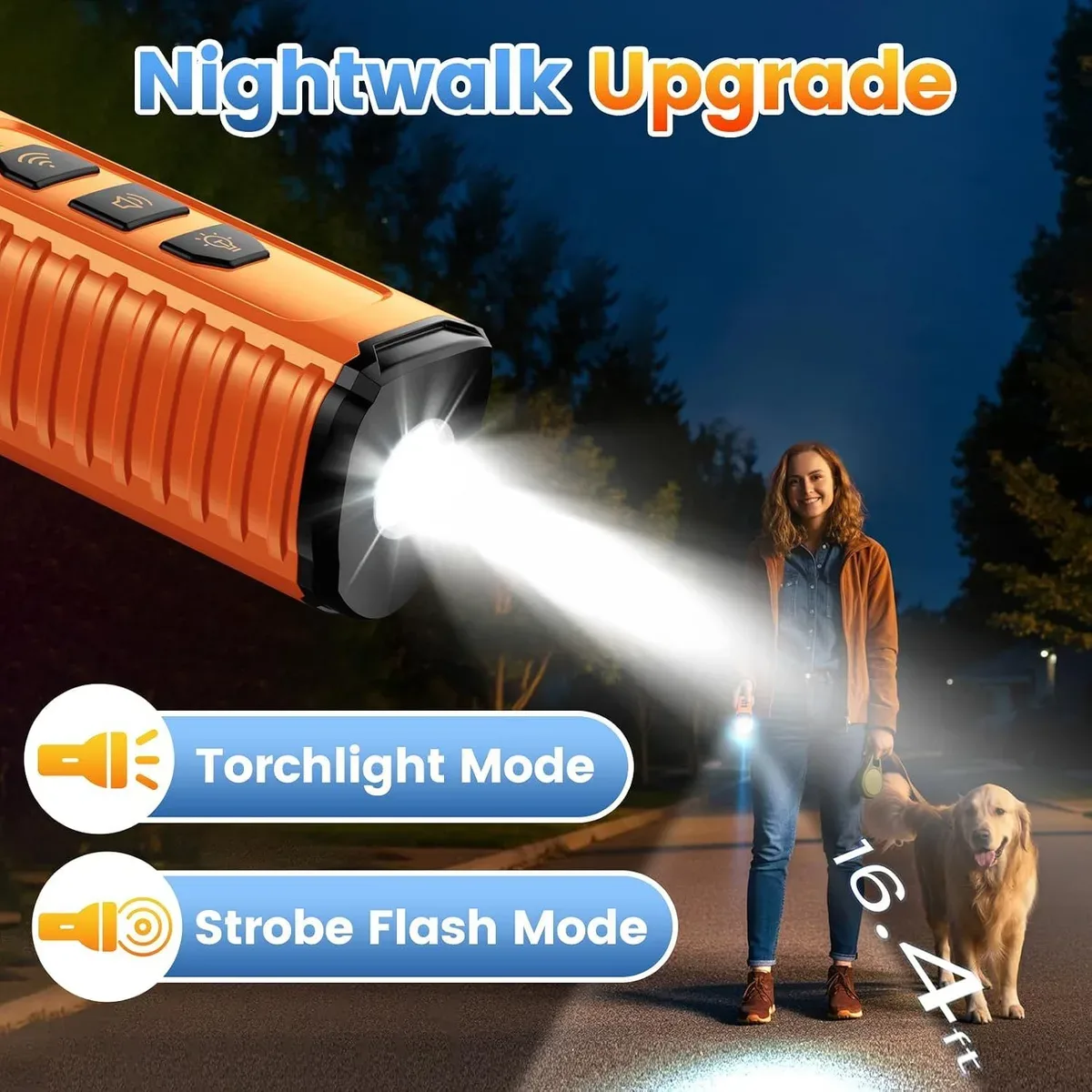 Flashlight on the ultrasonic dog bark deterrent for night walks