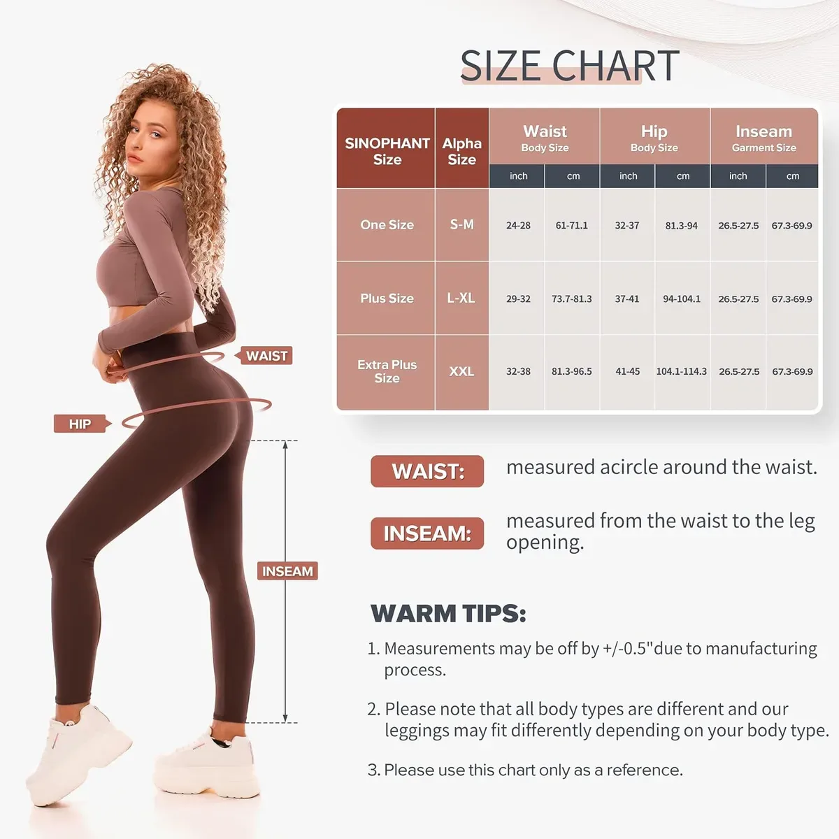 Size chart for the high waisted leggings for women