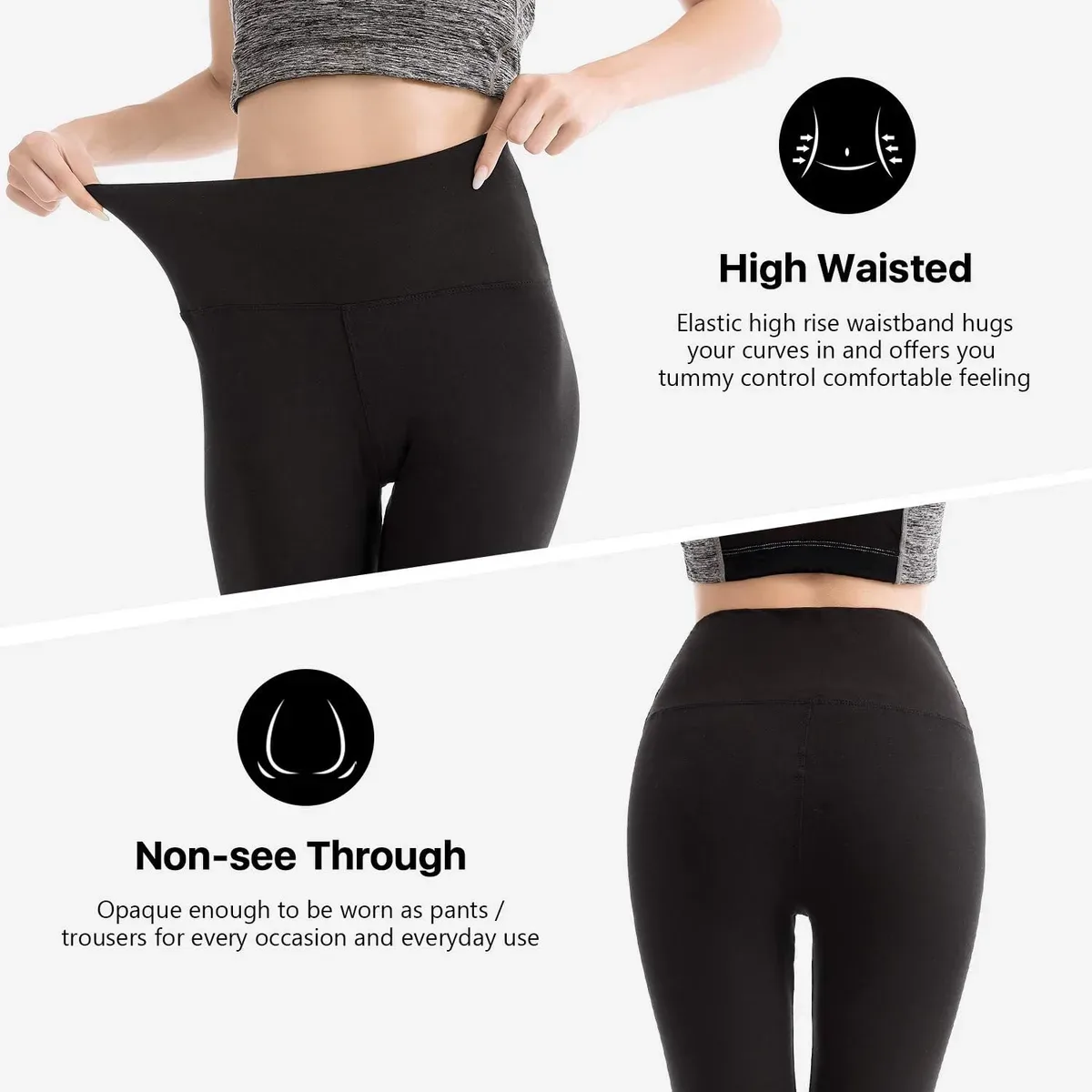 Wide tummy control waistband on high waisted leggings for women