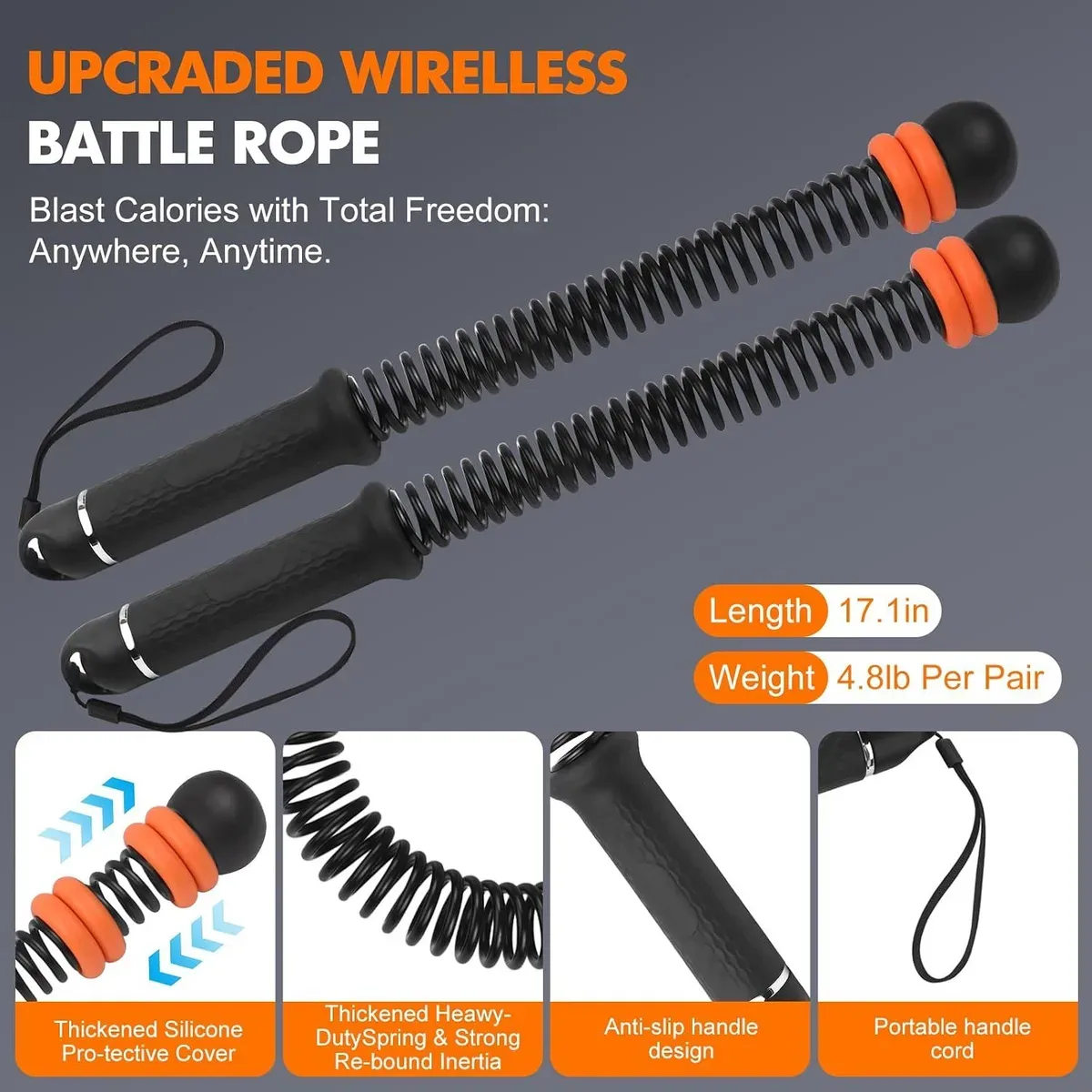 Handle length and weight of the cordless battle ropes pair