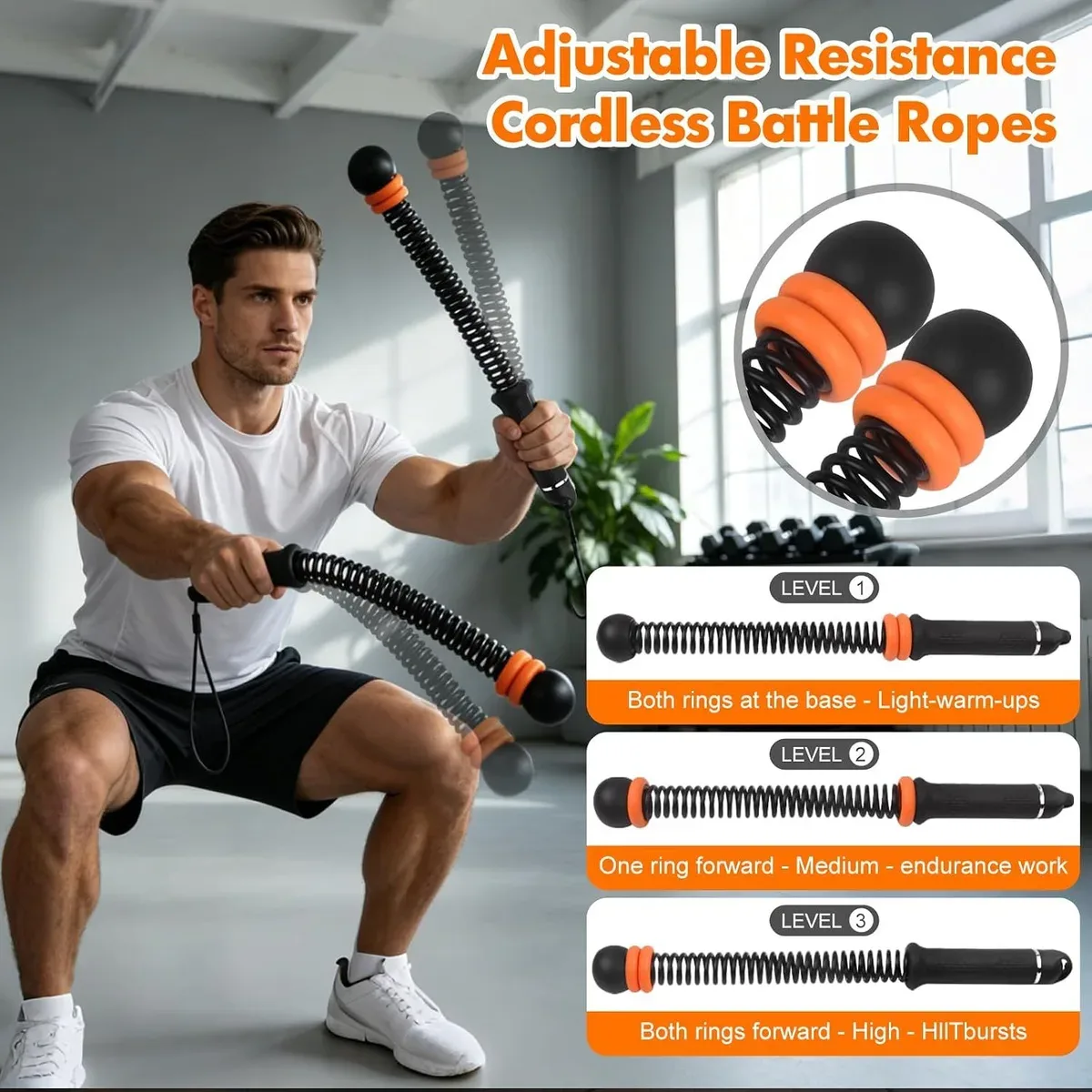 Adjustable resistance levels of the cordless battle ropes