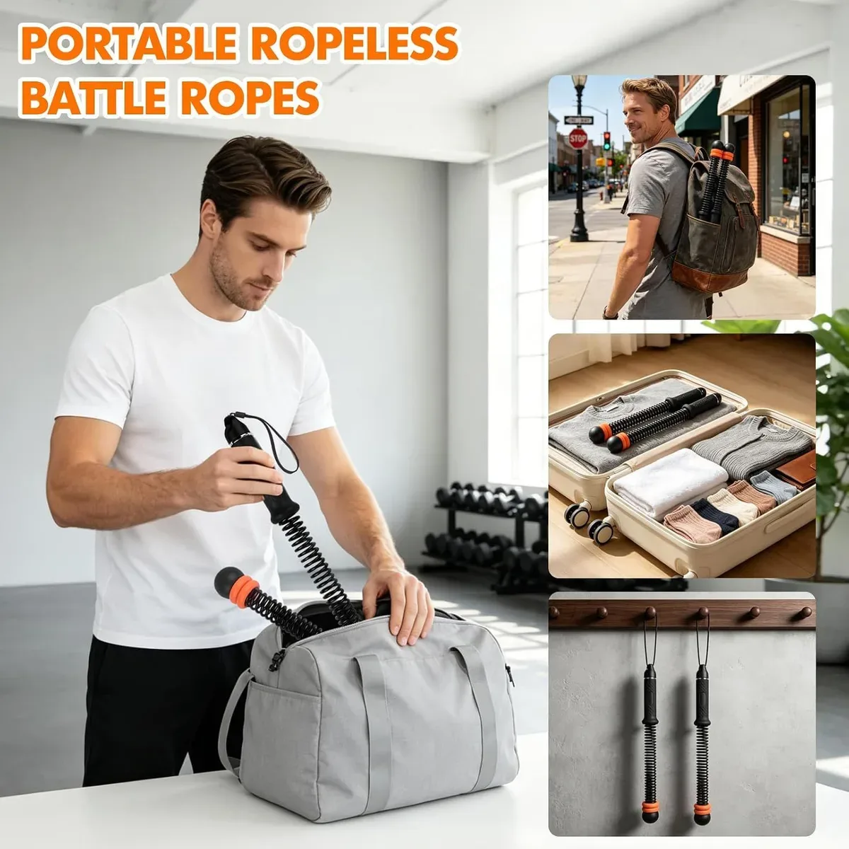 Cordless battle ropes packed in the storage bag